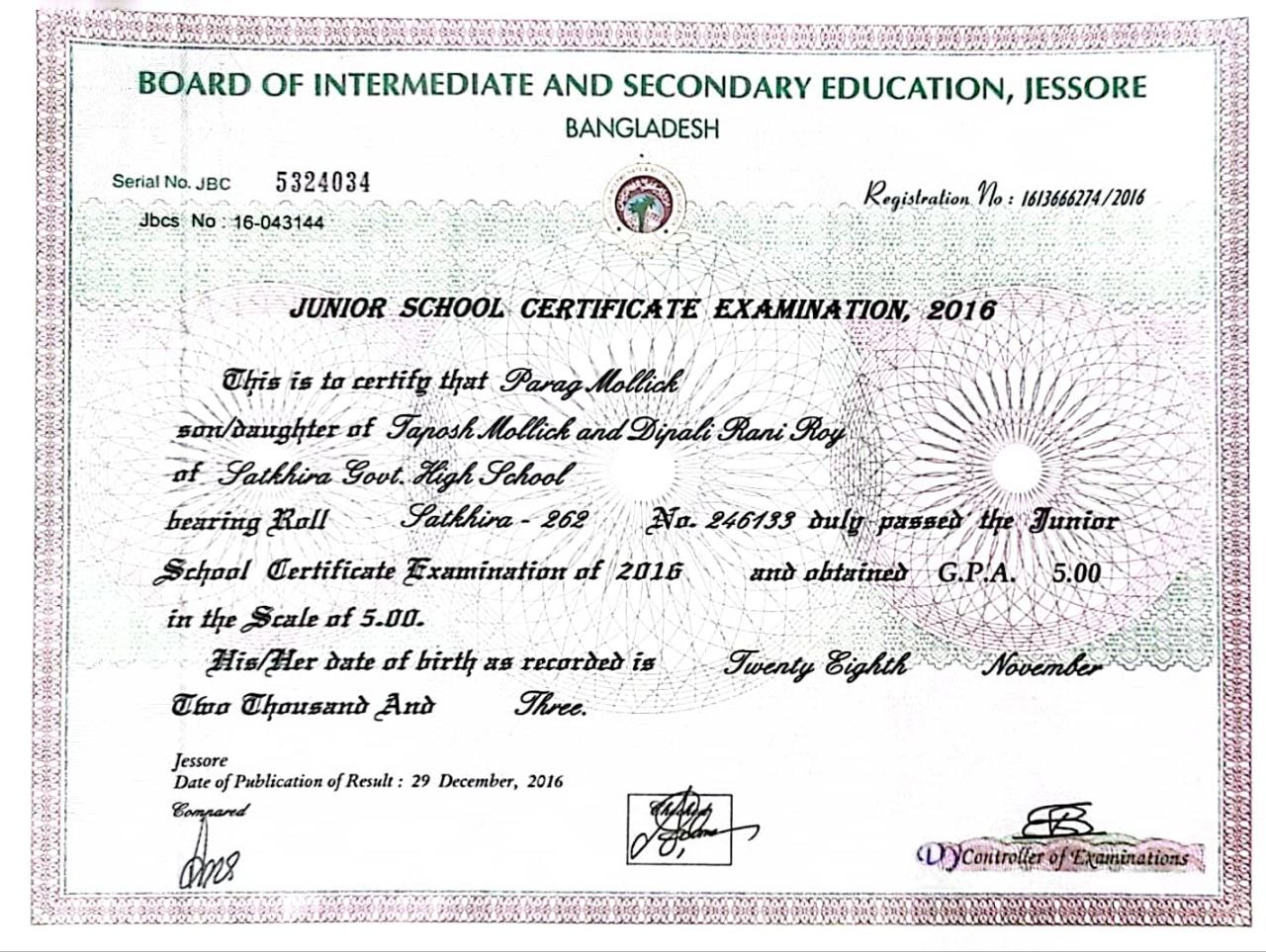 Junior School Certificate Thumbnail